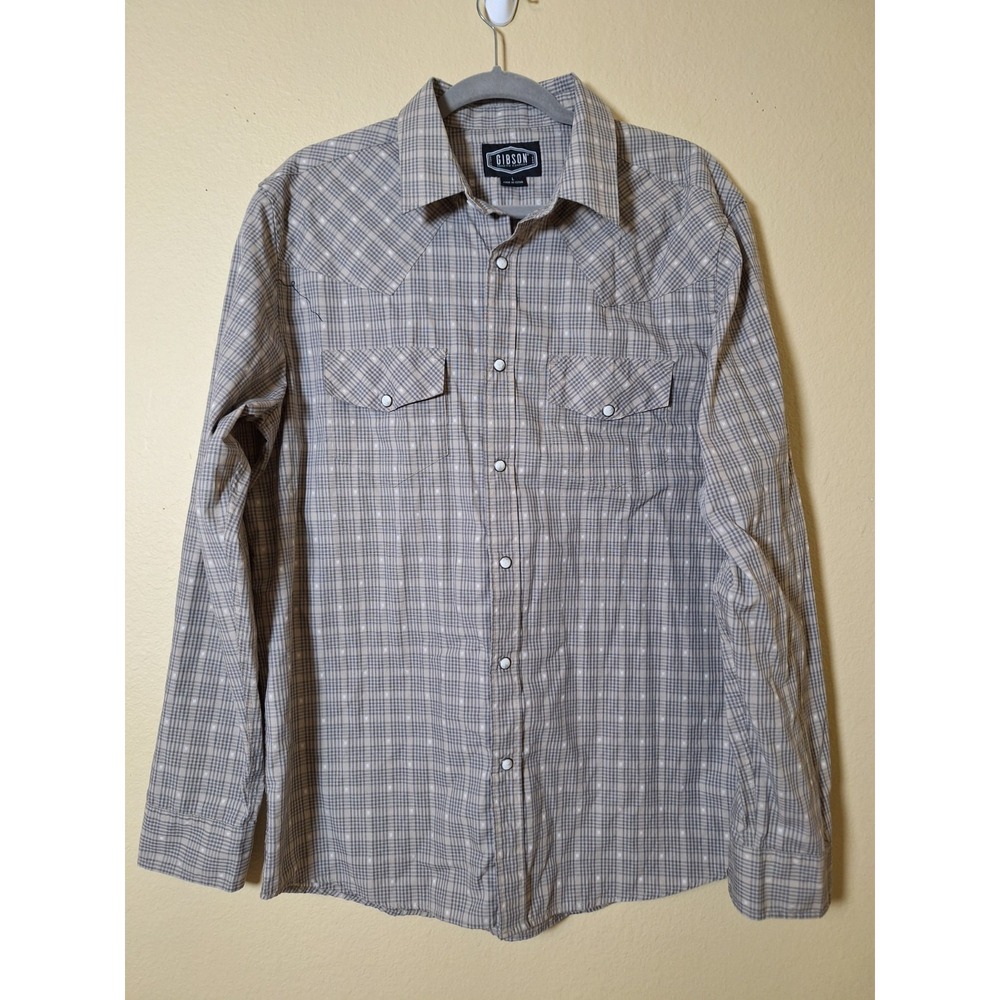 Gibson Shirt Mens L Grey Plaid‎ Pearl Snap Western Country Rodeo Retro